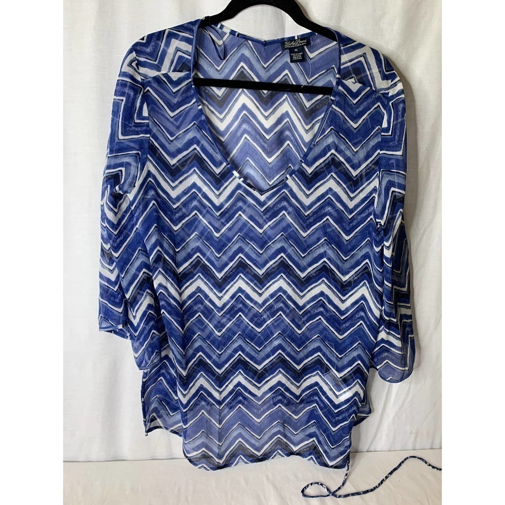 NWOT Lucky Brand Sheer 100% Silk Boho Blouse Blue and white Size XL